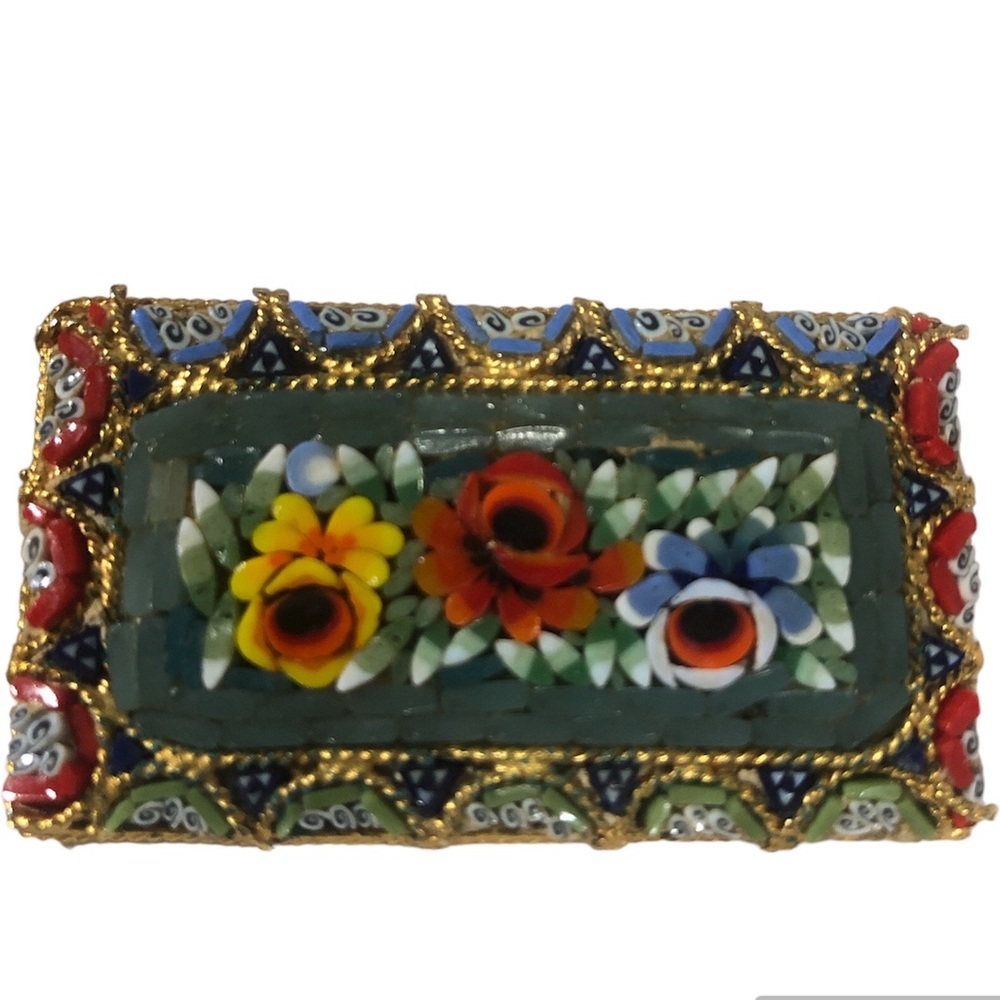 Vintage Rectangular Micro Mosaic Floral Brooch